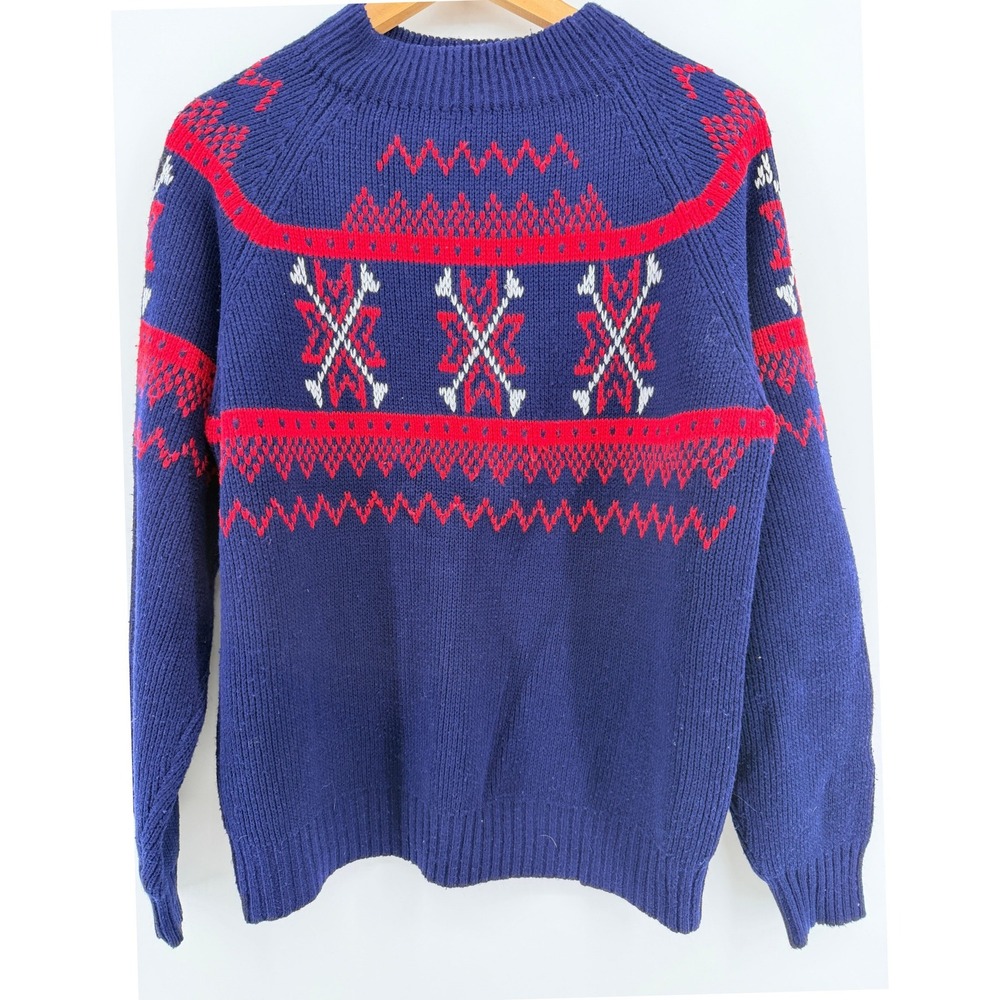 Vintage JCPenney Navy Blue Fair Isle Nordic Knit Sweater Mock Neck Size Medium